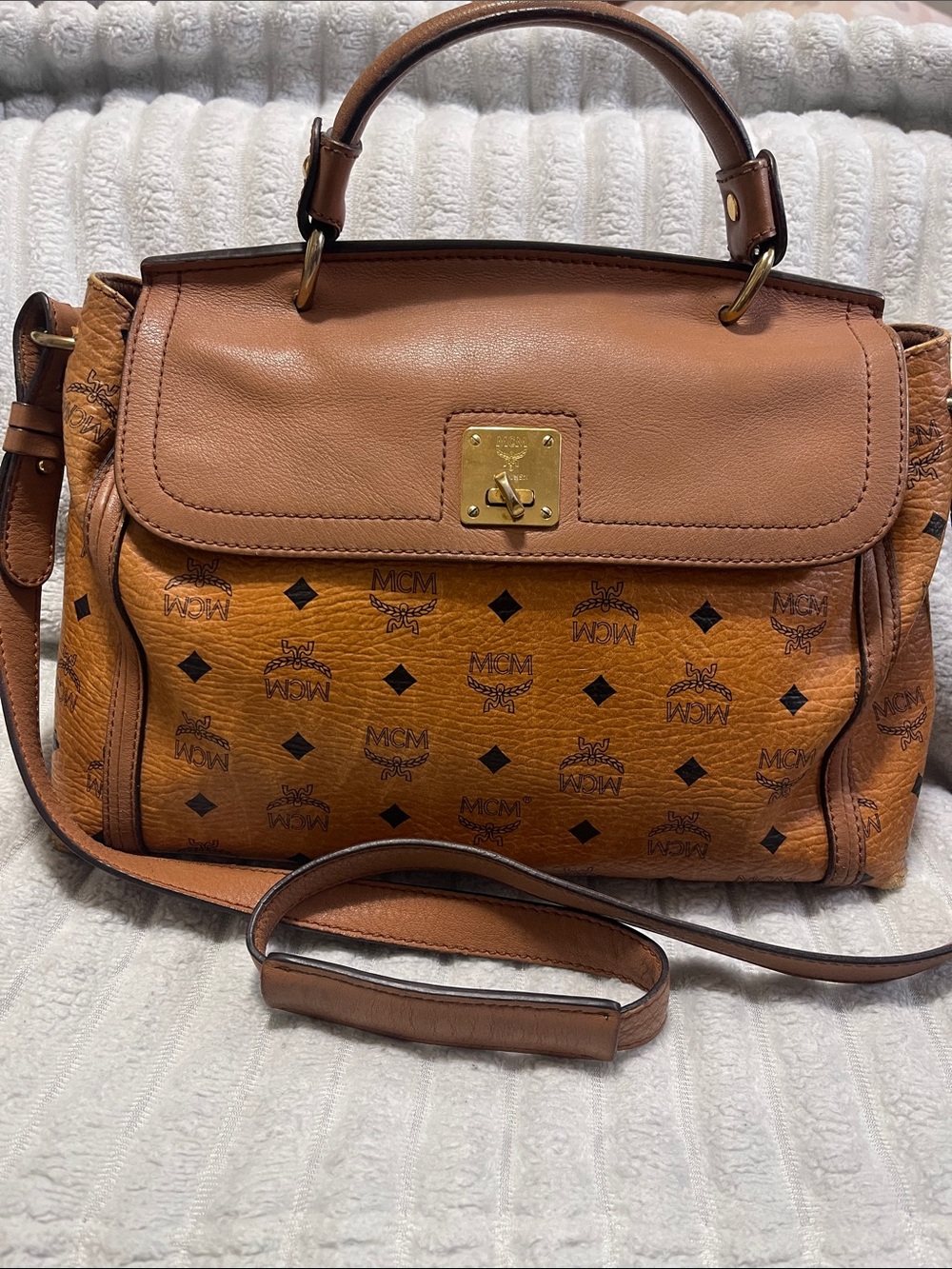MCM Visetos Leather Top-Handle Satchel in Cognac